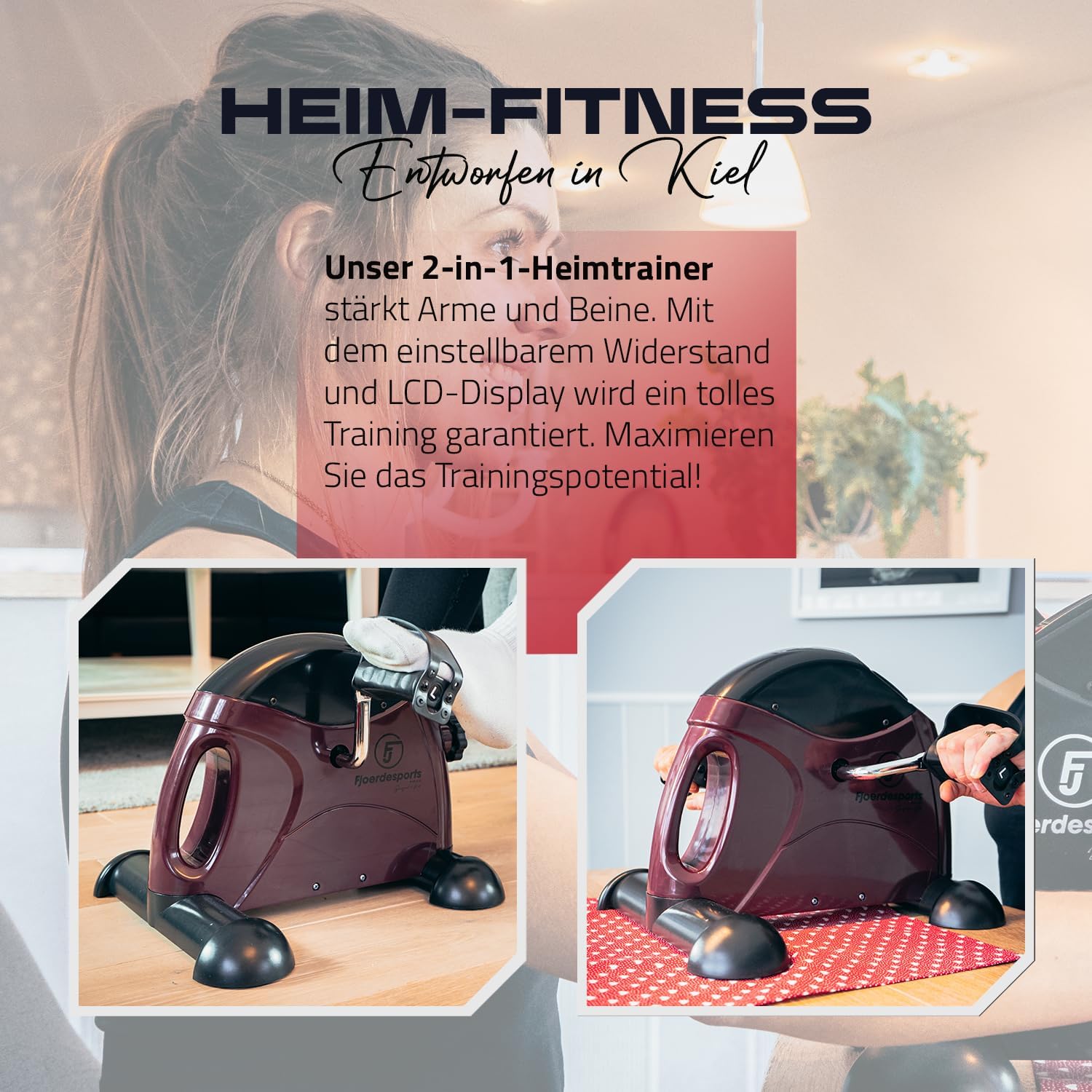 Fjoerdesports Mini-Heimtrainer für Arm & Beintraining mit Griff (Weinrot)